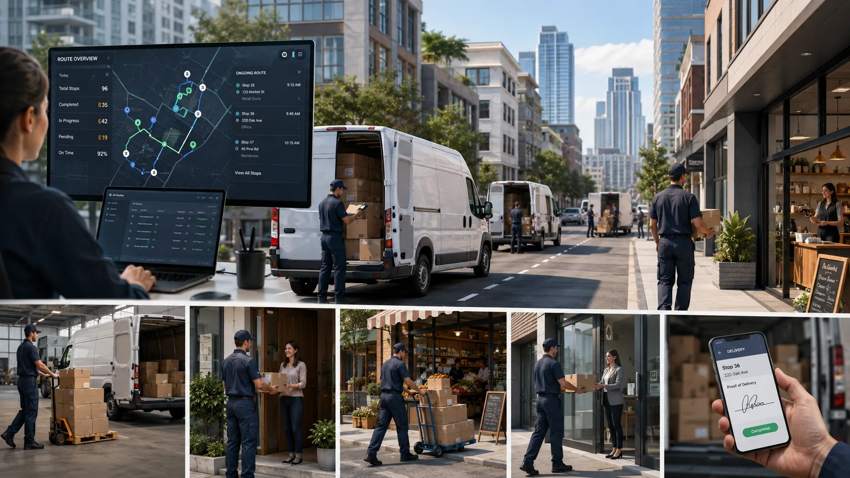 Equipe de entrega organizando volumes para distribuição urbana