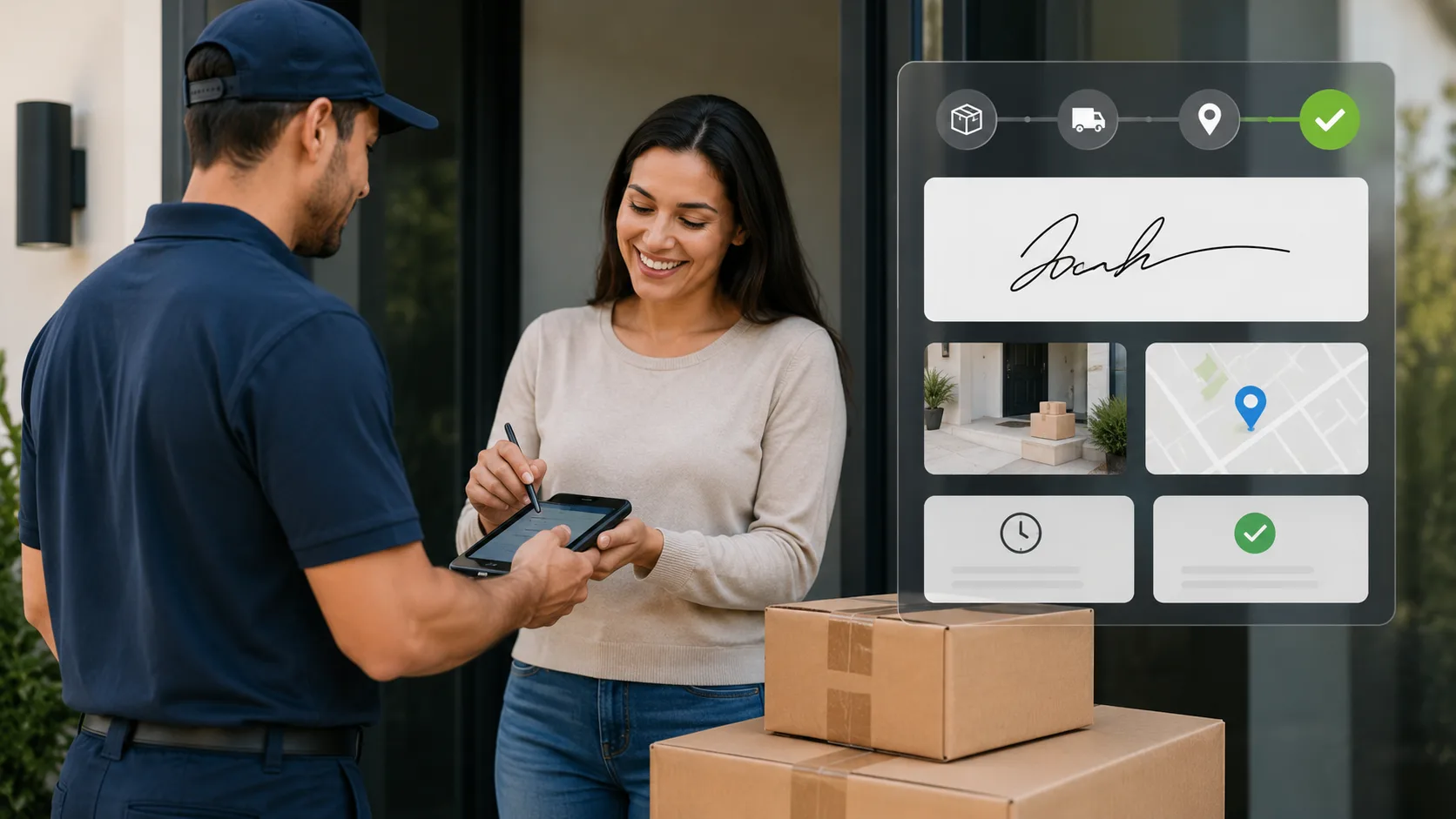 Entregador registrando comprovação digital de entrega em dispositivo móvel